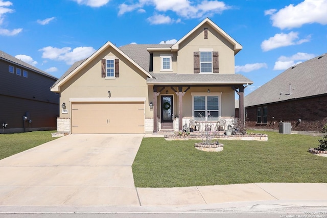 traditional-style house featuring a shingled roof, central AC unit, concrete driveway, stucco siding, and a front yard