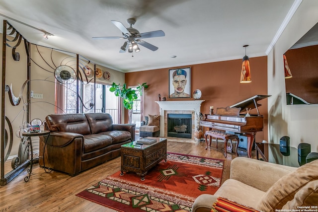 living room featuring a fireplace, crown molding, and wood finished floors