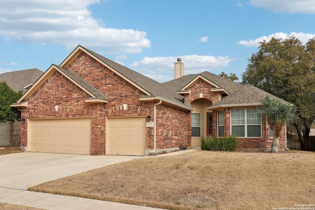 view of front of house with a garage, concrete driveway, a chimney, roof with shingles, and brick siding