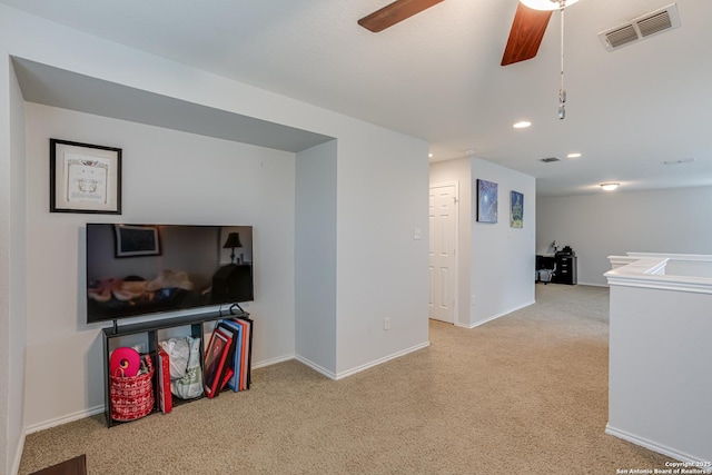 playroom with carpet floors, visible vents, baseboards, and a ceiling fan