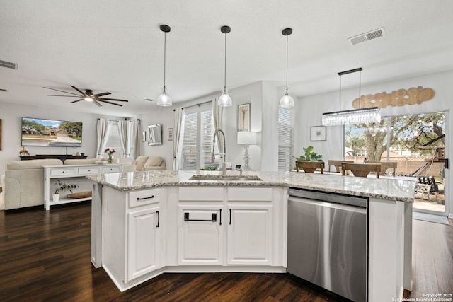 kitchen featuring dark wood-style flooring, visible vents, open floor plan, a sink, and dishwasher