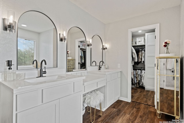 bathroom featuring a spacious closet, wood finished floors, and vanity