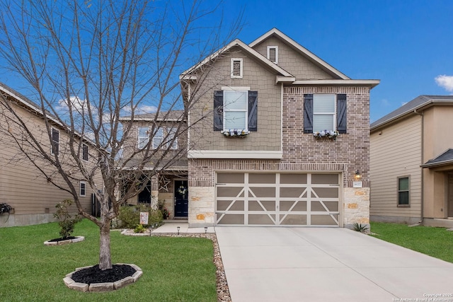 view of front of property featuring brick siding, concrete driveway, an attached garage, stone siding, and a front lawn