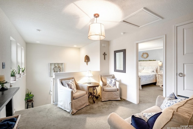 living area featuring attic access, carpet flooring, a textured ceiling, and baseboards