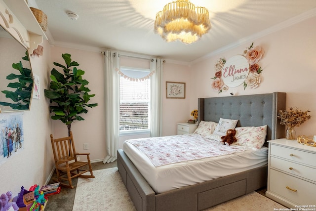 bedroom with light carpet, baseboards, and crown molding