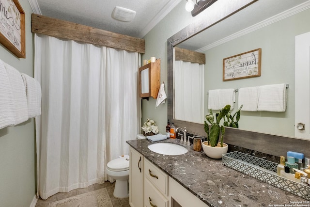 bathroom featuring visible vents, toilet, curtained shower, crown molding, and vanity