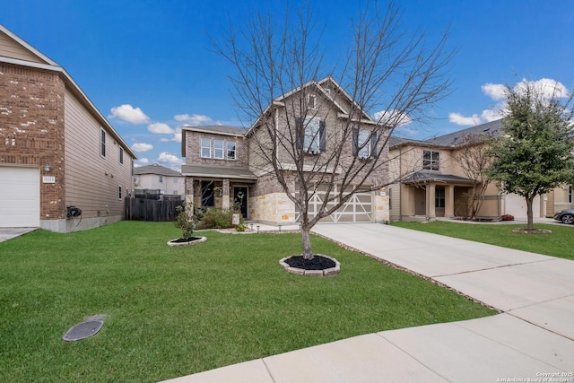 view of front of house featuring concrete driveway, an attached garage, a front lawn, and fence