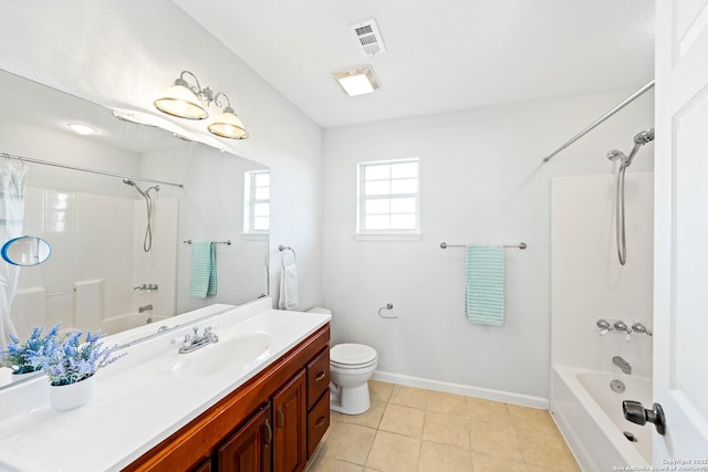 full bathroom with visible vents, shower / tub combination, vanity, and baseboards