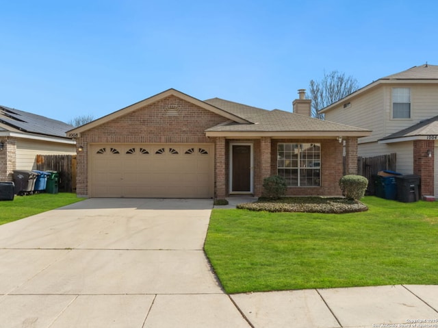 ranch-style home with a garage, concrete driveway, a chimney, a front lawn, and brick siding