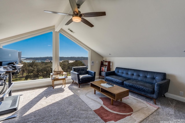 living room with lofted ceiling with beams, carpet floors, a ceiling fan, visible vents, and baseboards