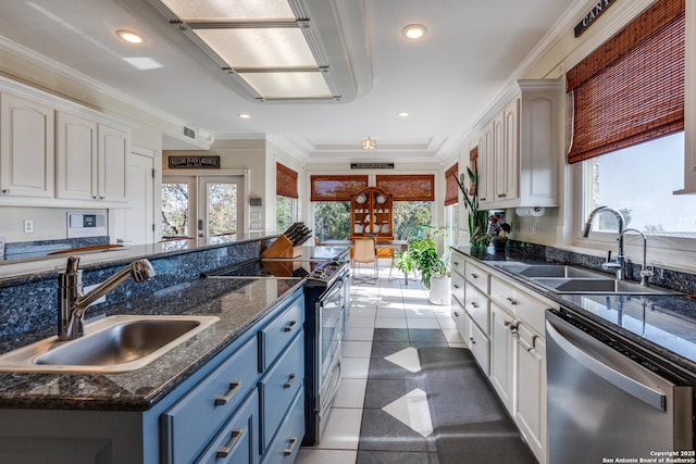kitchen featuring french doors, appliances with stainless steel finishes, a sink, and blue cabinets