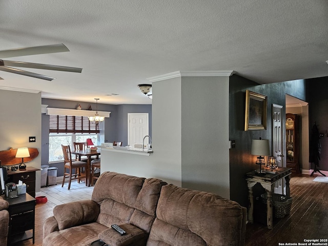 living area featuring ceiling fan with notable chandelier, hardwood / wood-style floors, a textured ceiling, and baseboards