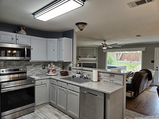 kitchen with visible vents, appliances with stainless steel finishes, open floor plan, a peninsula, and a sink