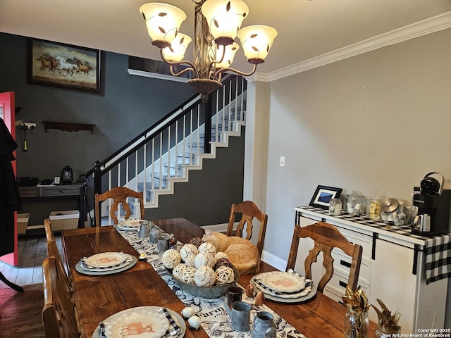 dining area featuring baseboards, stairway, ornamental molding, wood finished floors, and a chandelier