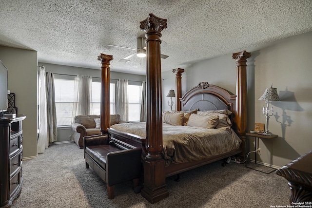 bedroom featuring a ceiling fan, light carpet, a textured ceiling, and baseboards