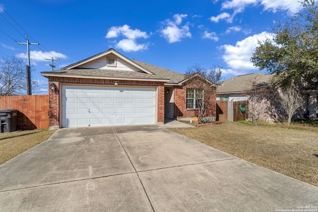 ranch-style home featuring fence, a front lawn, concrete driveway, and brick siding