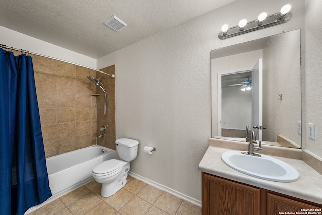 bathroom with shower / bath combo, visible vents, toilet, a textured ceiling, and vanity