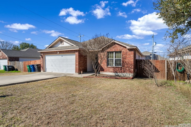 ranch-style home with driveway, an attached garage, fence, and brick siding