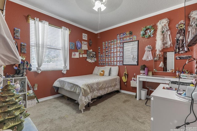 bedroom featuring ceiling fan, ornamental molding, baseboards, and light colored carpet