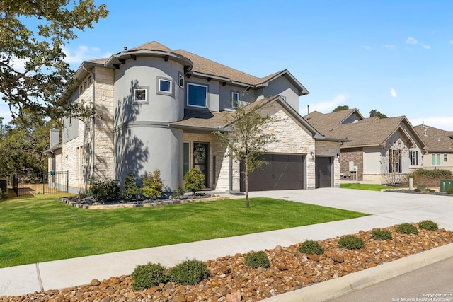 view of front of property with concrete driveway, a front yard, fence, a garage, and stone siding