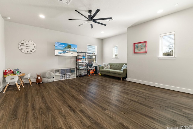 sitting room with visible vents, baseboards, ceiling fan, wood finished floors, and recessed lighting