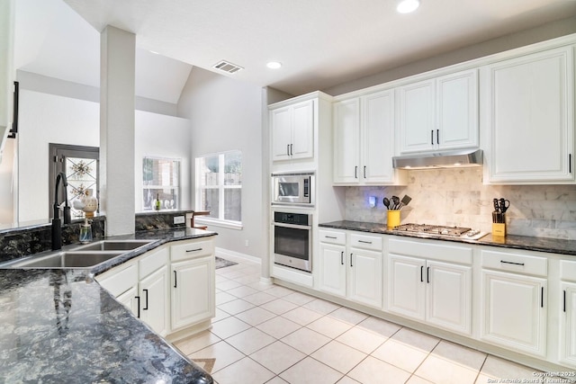 kitchen featuring light tile patterned floors, stainless steel appliances, tasteful backsplash, a sink, and under cabinet range hood