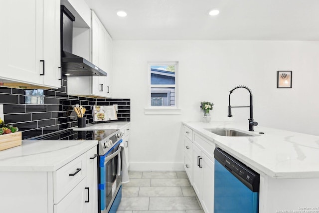 kitchen featuring electric stove, dishwashing machine, wall chimney exhaust hood, a peninsula, and a sink