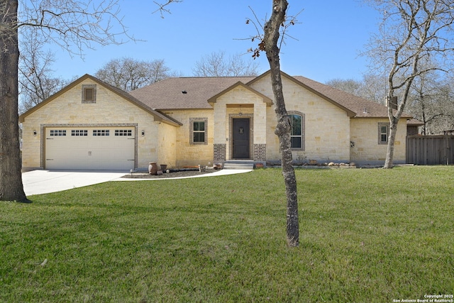 view of front facade featuring a front lawn, concrete driveway, a garage, and fence