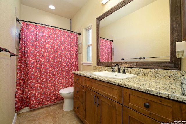 full bath with vanity, tile patterned floors, toilet, and a shower with shower curtain