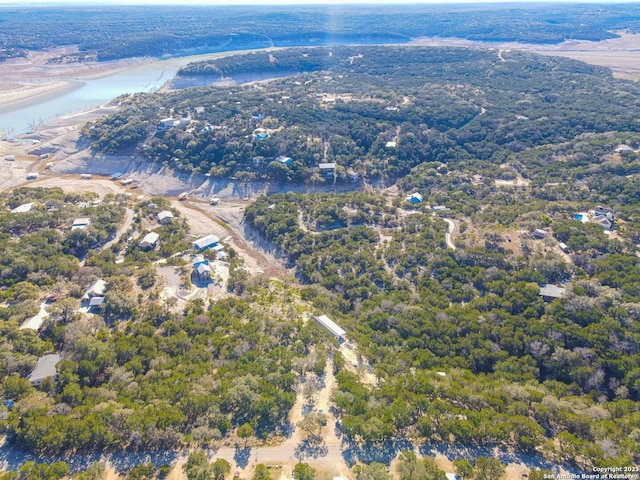 bird's eye view with a water view and a forest view