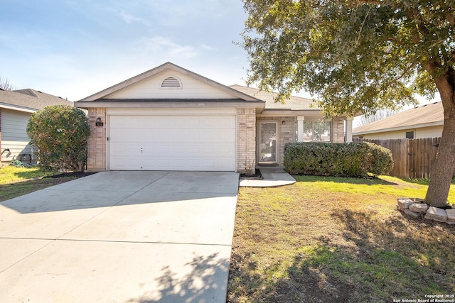 ranch-style house featuring brick siding, concrete driveway, an attached garage, fence, and a front lawn