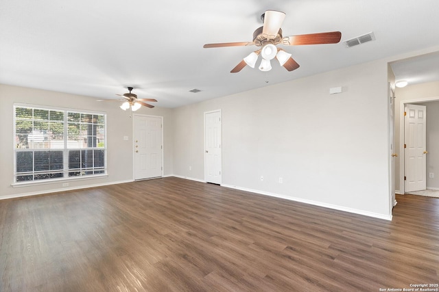 unfurnished living room featuring baseboards, visible vents, and dark wood-type flooring