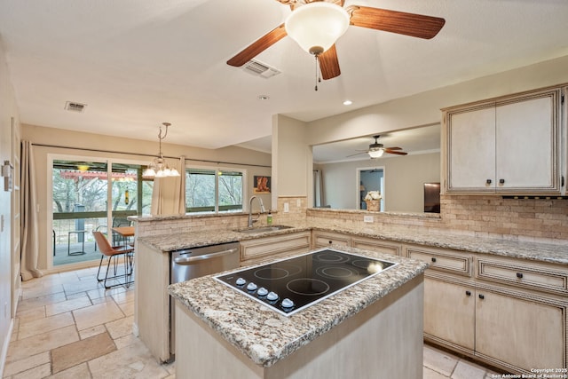 kitchen featuring stone tile floors, visible vents, decorative backsplash, black electric cooktop, and a sink