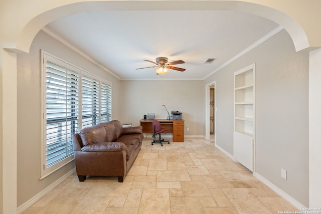 office space with built in shelves, visible vents, and crown molding