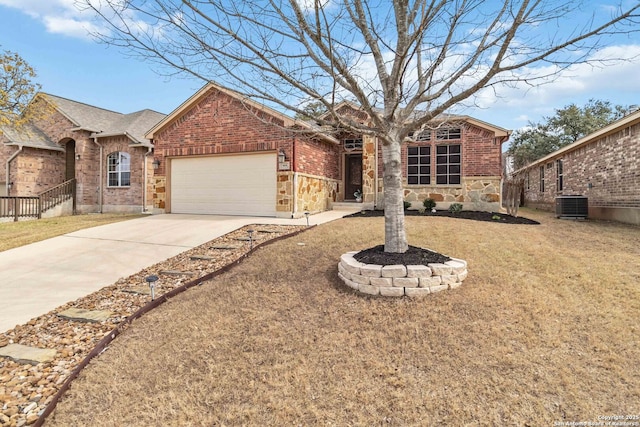 ranch-style house featuring an attached garage, cooling unit, concrete driveway, and brick siding