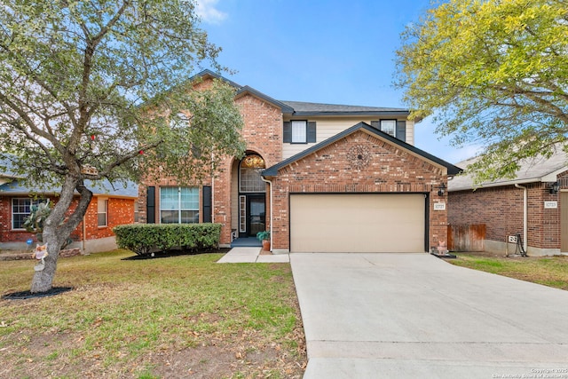 traditional-style home featuring a garage, driveway, brick siding, and a front lawn