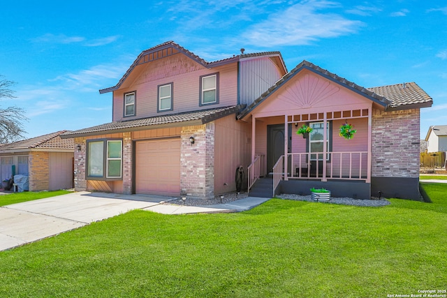 view of front of property with brick siding, covered porch, an attached garage, driveway, and a front lawn