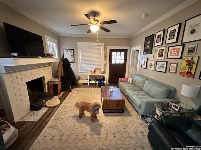 living room featuring a fireplace, plenty of natural light, wood finished floors, and crown molding