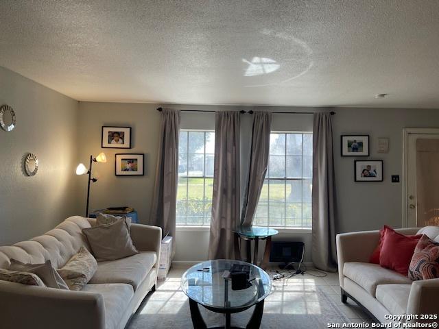 living room featuring a textured ceiling