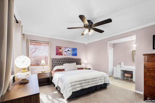 bedroom featuring light carpet, crown molding, and ceiling fan