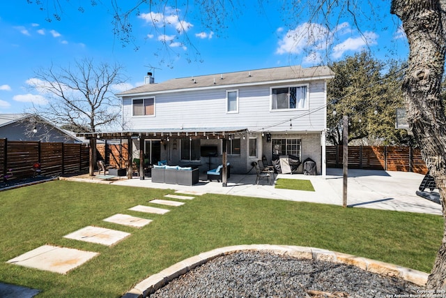 back of house featuring a fenced backyard, outdoor lounge area, and a lawn