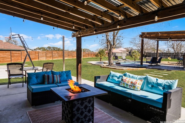 view of patio / terrace with a pool, an outdoor living space with a fire pit, a fenced backyard, and a pergola