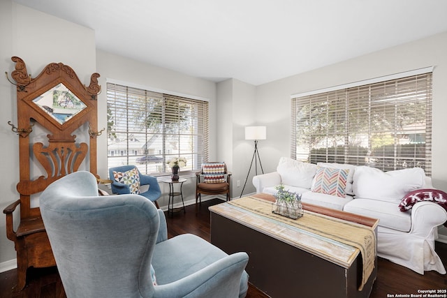 living room featuring dark wood-style floors and baseboards