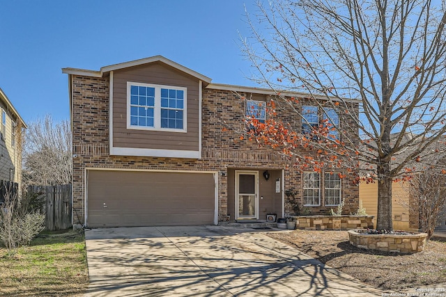 view of front of house featuring concrete driveway, brick siding, an attached garage, and fence