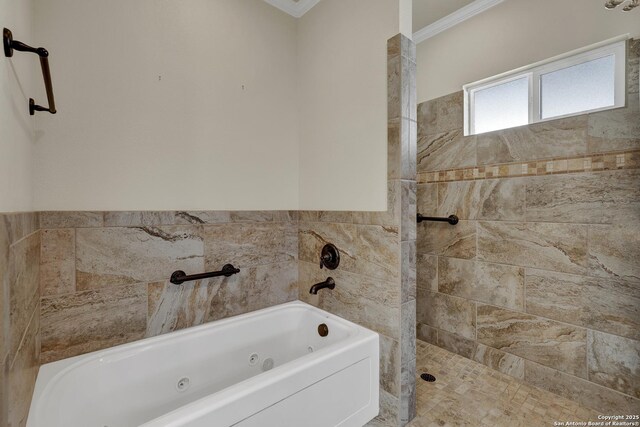 948 Hudson, New Braunfels, TX 78130 - bathroom featuring a walk in shower, a tub with jets, and crown molding