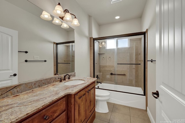 948 Hudson, New Braunfels, TX 78130 - full bathroom featuring toilet, visible vents, vanity, combined bath / shower with glass door, and tile patterned floors