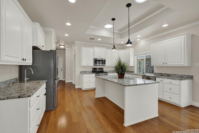 948 Hudson, New Braunfels, TX 78130 - kitchen with stainless steel appliances, a kitchen island, white cabinets, light wood finished floors, and a raised ceiling