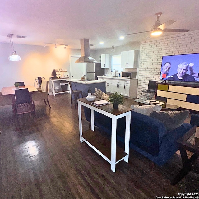 living area with ceiling fan, dark wood-type flooring, and rail lighting