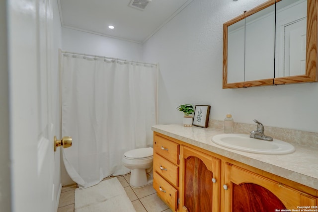 bathroom featuring visible vents, toilet, a shower with curtain, tile patterned flooring, and vanity