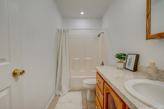 full bath with tile patterned flooring, toilet, shower / tub combo, vanity, and crown molding